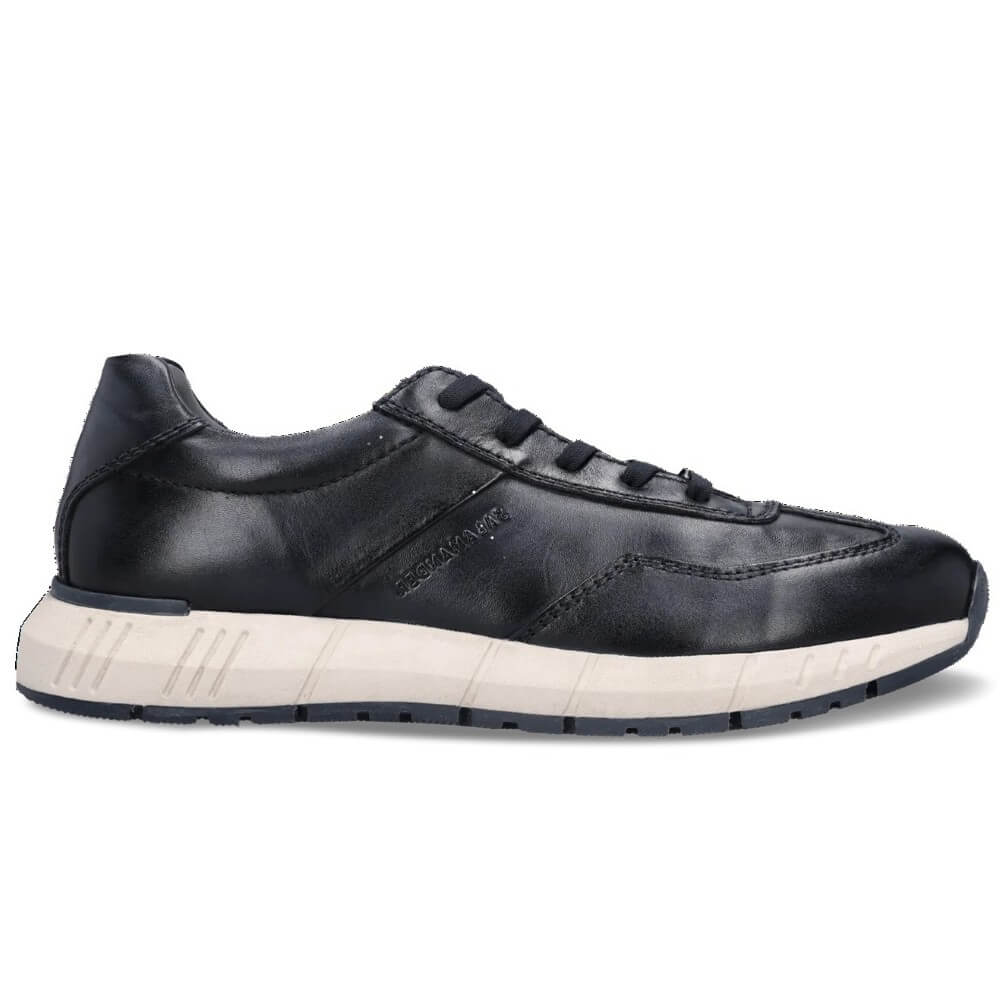 Salamander Navy leather sneaker with a white sole on a white background