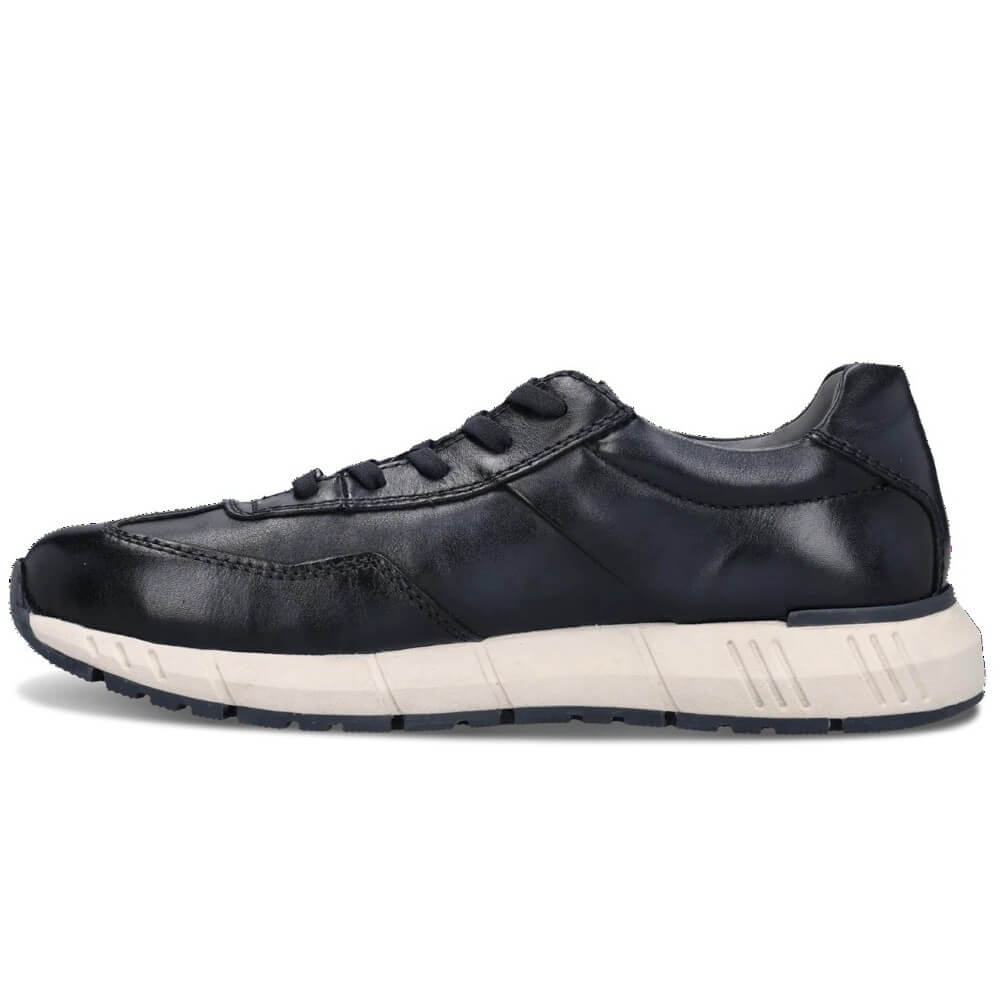 Salamander Navy leather sneaker with a white sole on a white background
