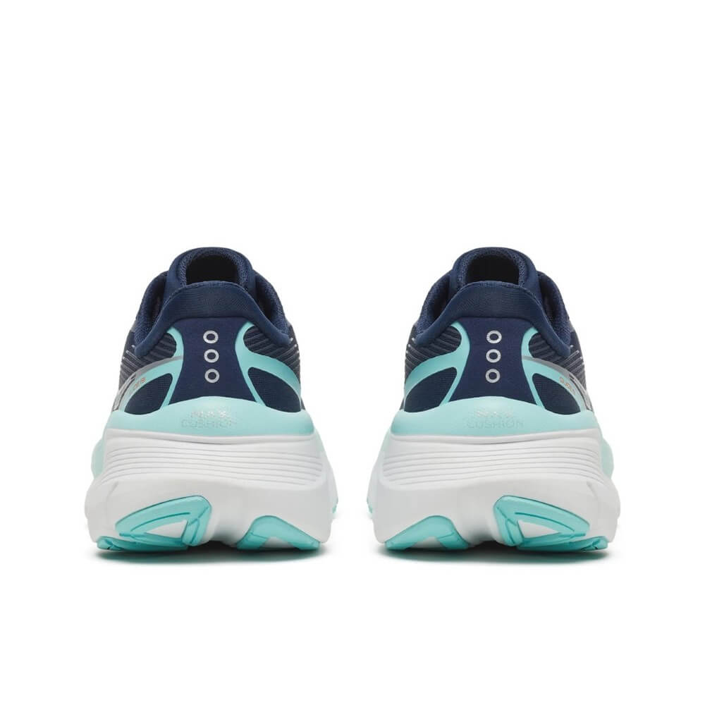 Navy and light blue running shoes with white sole on a white background