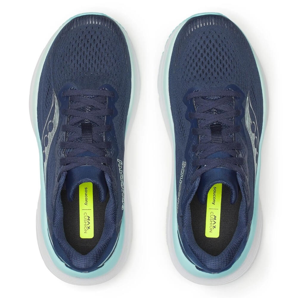 Navy and teal running shoes with 'Saucony' branding on a white background