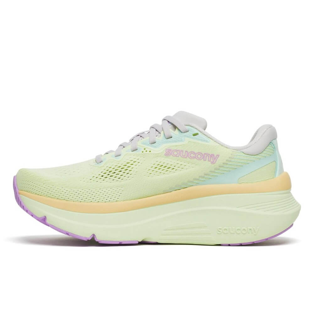 Light green running shoe with purple accents on a white background