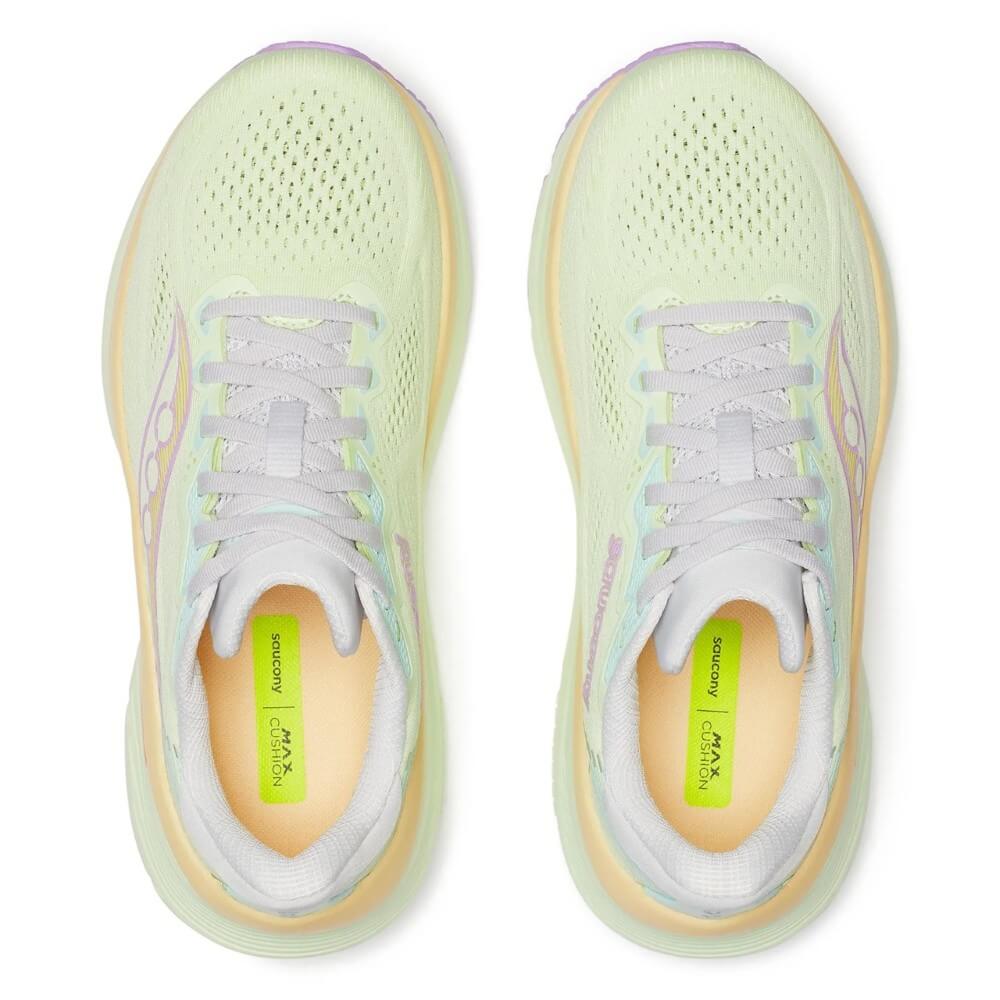 Saucony Guide 19 Lime green running shoes with colourful soles on a white background
