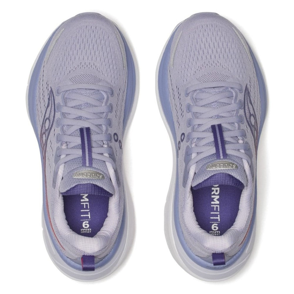 Pair of Saucony light purple running shoes with a visible brand logo on a white background