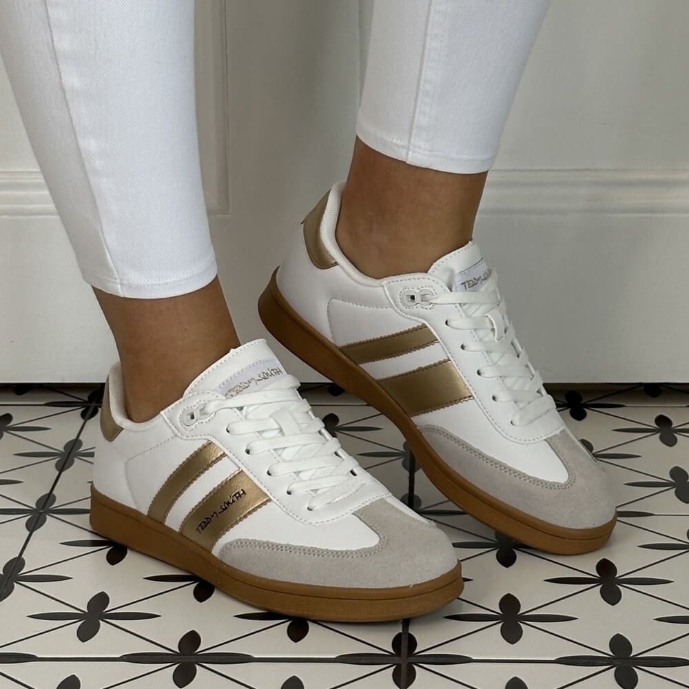 White sneakers with Gold Strips and brown gum soles Teddy Smith Sneakers 120033 White & Gold