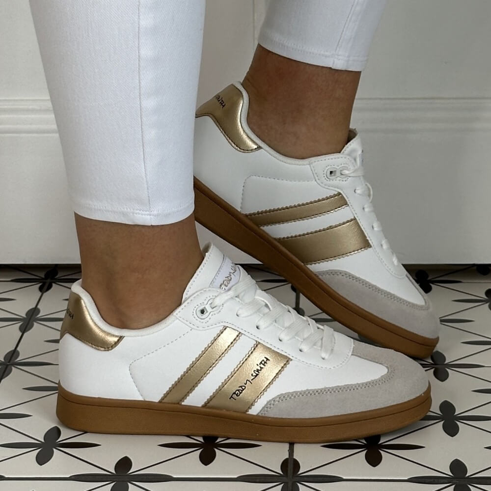 White sneakers with Gold Strips and brown gum soles Teddy Smith Sneakers 120033 White & Gold