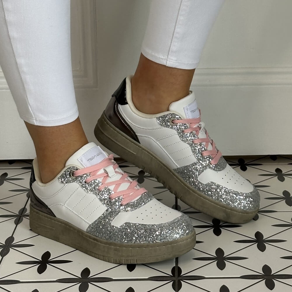 White sneakers with silver glitter and pink accents Teddy Smith Sneakers 120297 Silver Sparkle and White