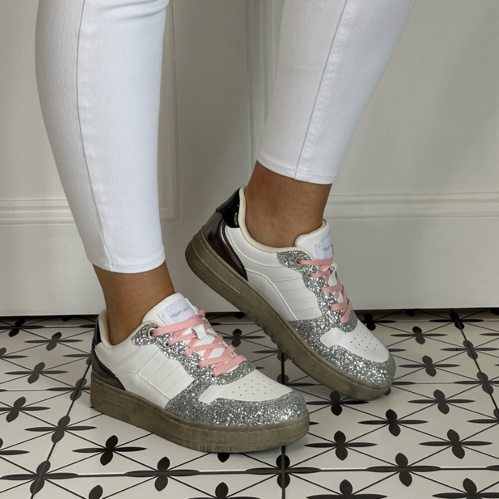 White sneakers with silver glitter and pink accents Teddy Smith Sneakers 120297 Silver Sparkle and White