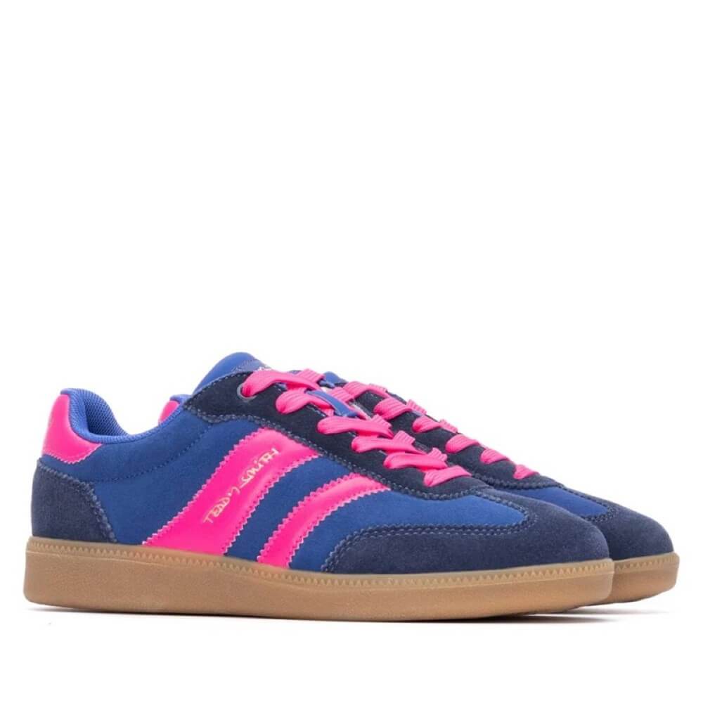 Blue and pink sneakers with a white background
