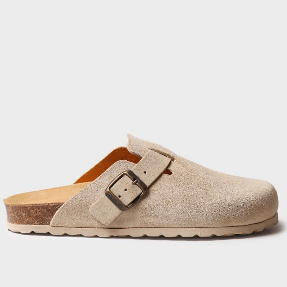 Toni Pons Beige suede clog shoe with a buckle on a light grey background