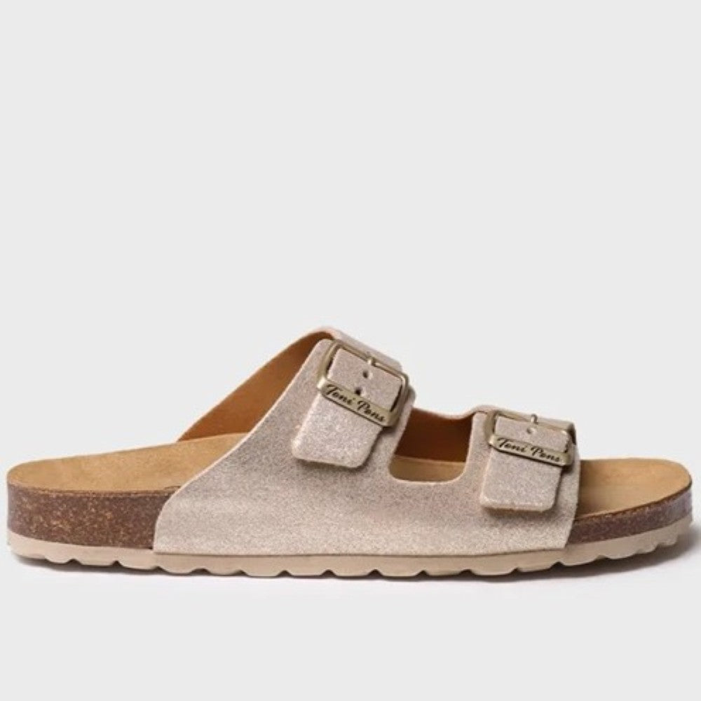 Toni Pons Gold sandal with cork sole on a white background
