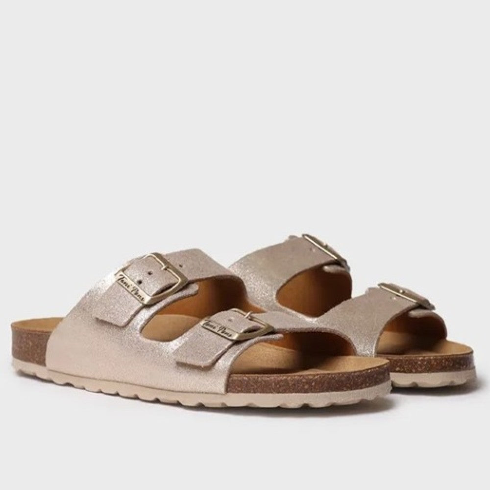Pair of Toni Pons metallic sandals with buckles on a light grey background