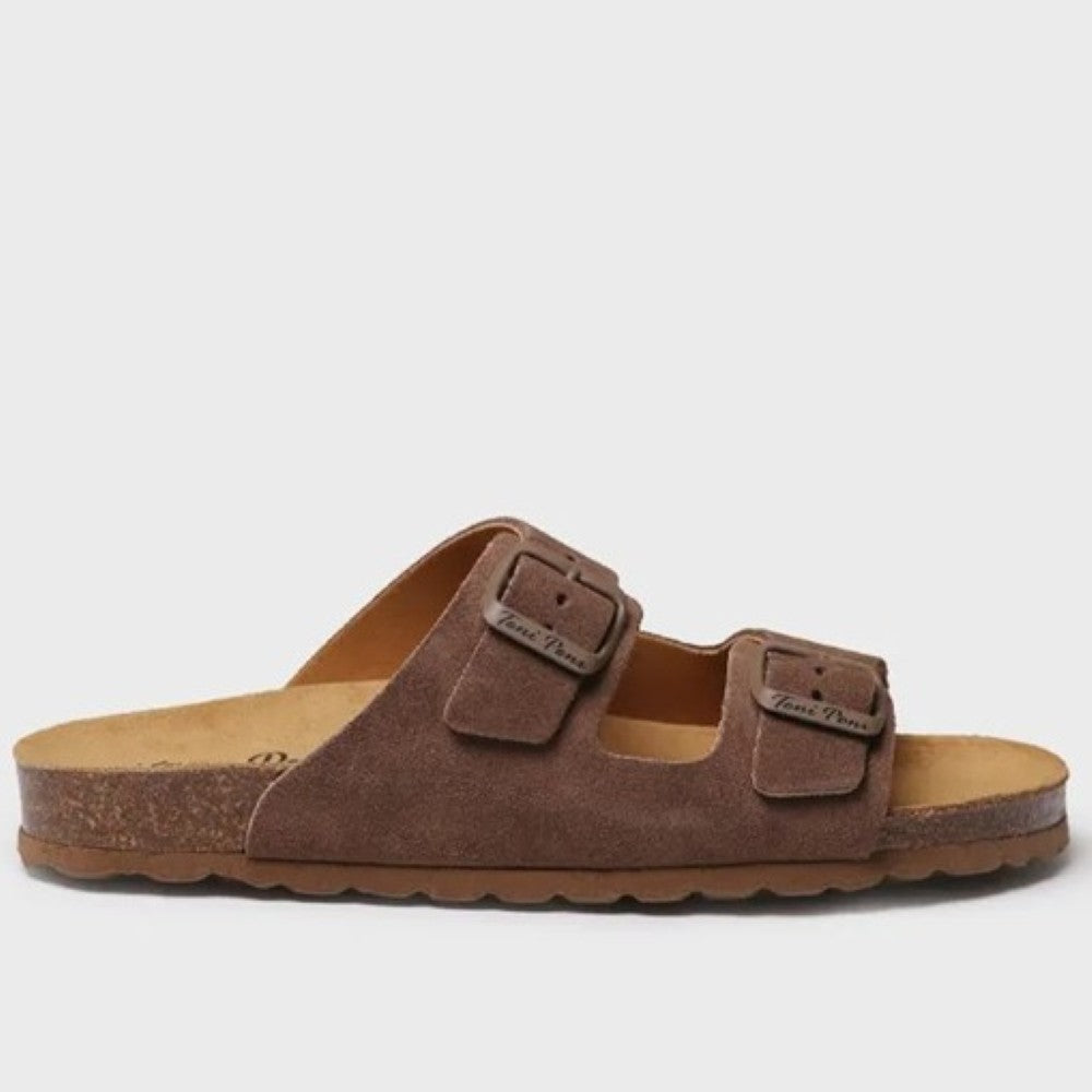 Toni Pons Brown sandal with double buckle strap on a light grey background