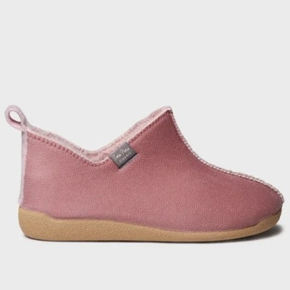 A Toni Pons dusty pink slip-on slipper with a tan rubber sole, shown from a side profile view against a light Gray background.