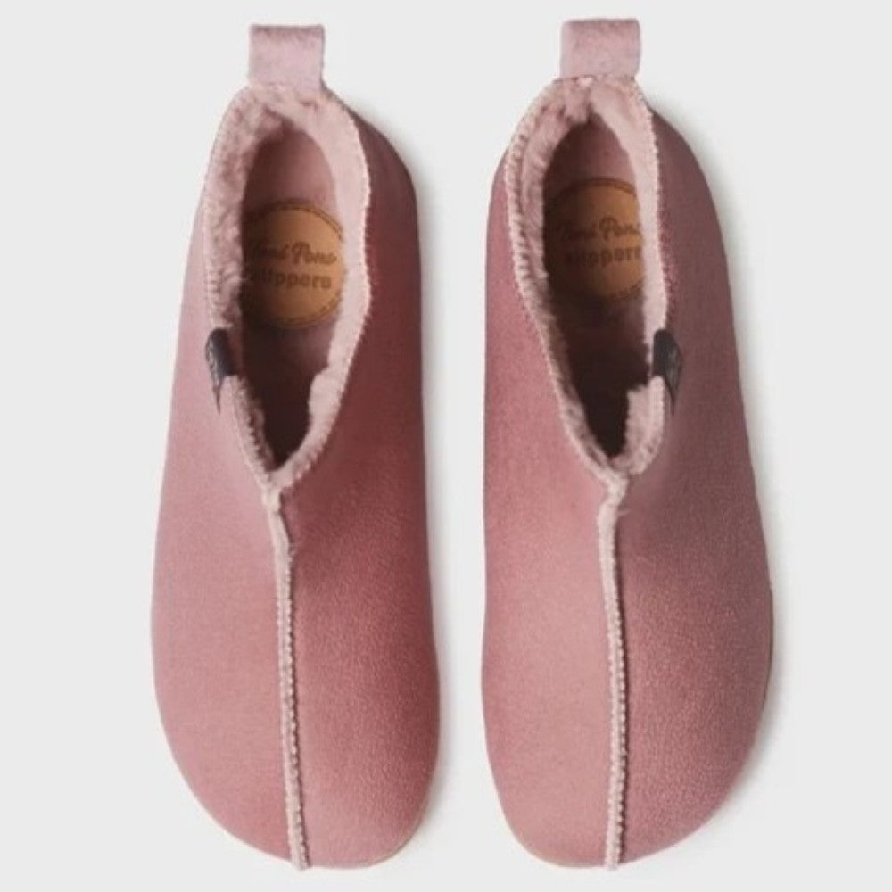 A pair of Toni Pons dusty pink slip-on slippers with a soft fleece lining, shown from a top-down view on a light grey background.