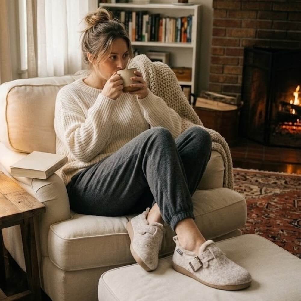 A woman relaxes in a beige armchair in a cosy living room, wearing a cream ribbed knit sweater, dark grey jogger pants, and Toni Pons beige fuzzy slip-on clogs while holding a mug.