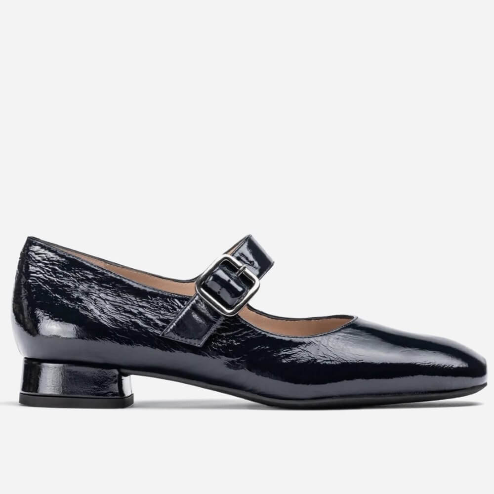 Black patent leather shoe with a buckle on a white background UNISA CULVER Leather Mary Jane Shoe-BLACK