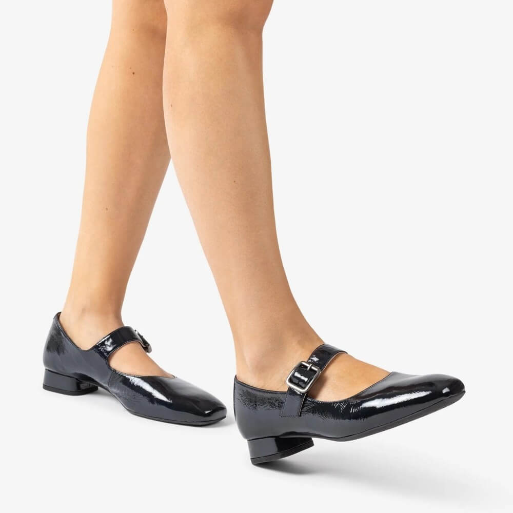 Black patent leather shoe with a buckle on a white background UNISA CULVER Leather Mary Jane Shoe-BLACK