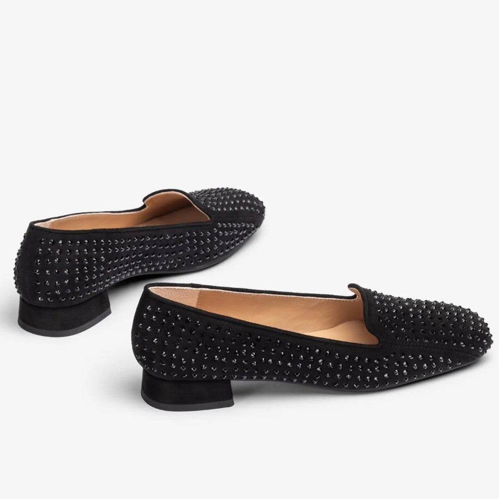 Pair of Unisa Capito Black Suede Loafers with studs on a white background