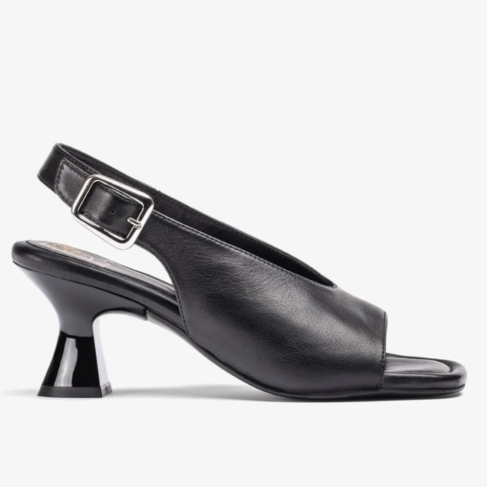 Unisa Black Slingback Peep-toe sandal with a buckle on a white background