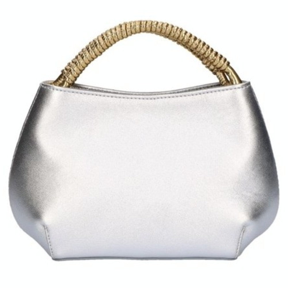 Unisa Silver Leather handbag with woven handle on a white background