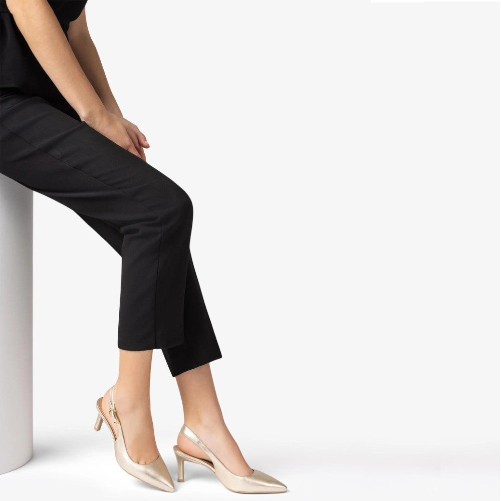 Person wearing black pants and gold heels on a white background unisa lanz