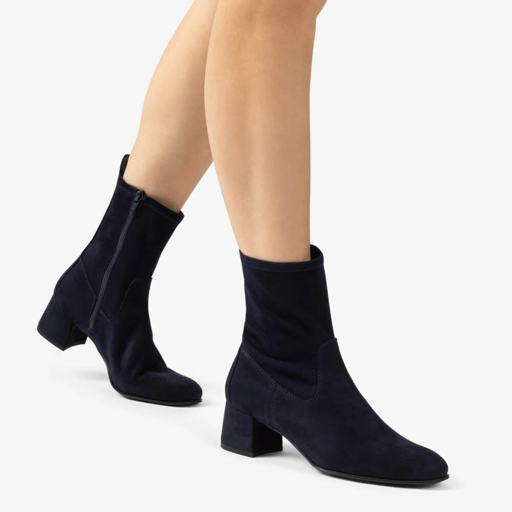 Black ankle boot on a light gray background Unisa Lemico Square toe ankle boot made in faux suede