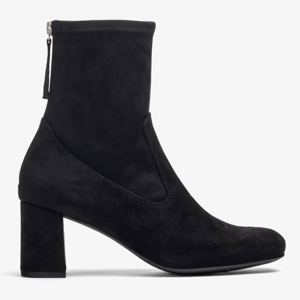 Black suede ankle boot on a white background Unisa Marvy Square toe ankle boot made in faux suede
