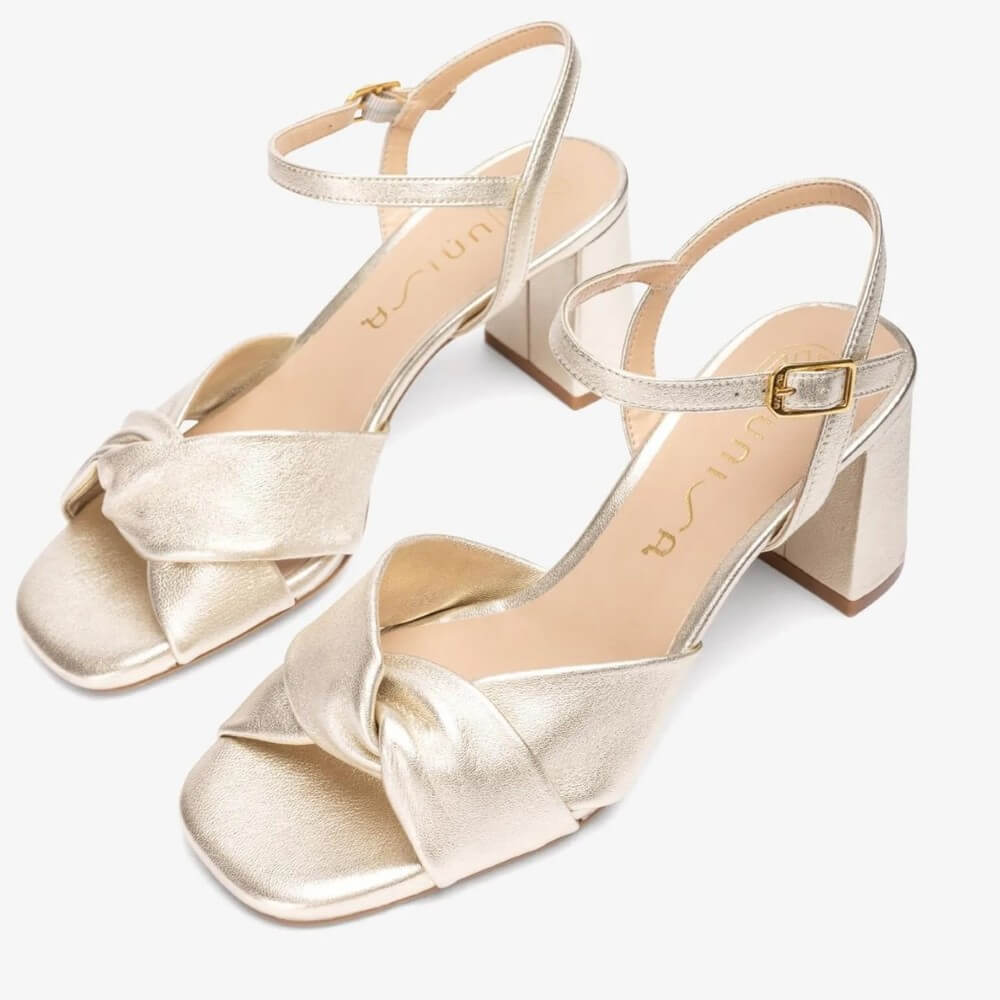 Unisa Medway Block Heel Leather Sandal Platino Gold