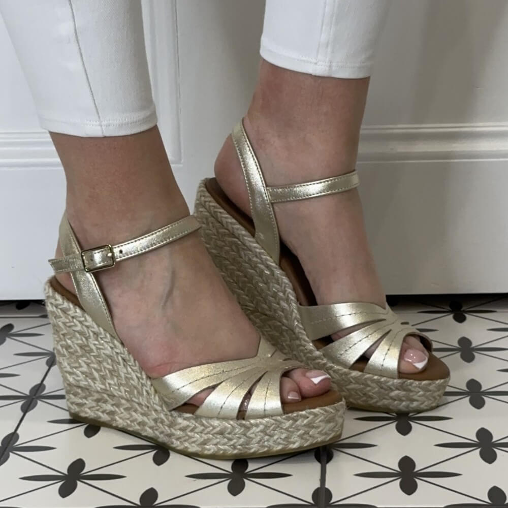 VIGUERA Wedge Leather Espadrilles 2046-GOLD