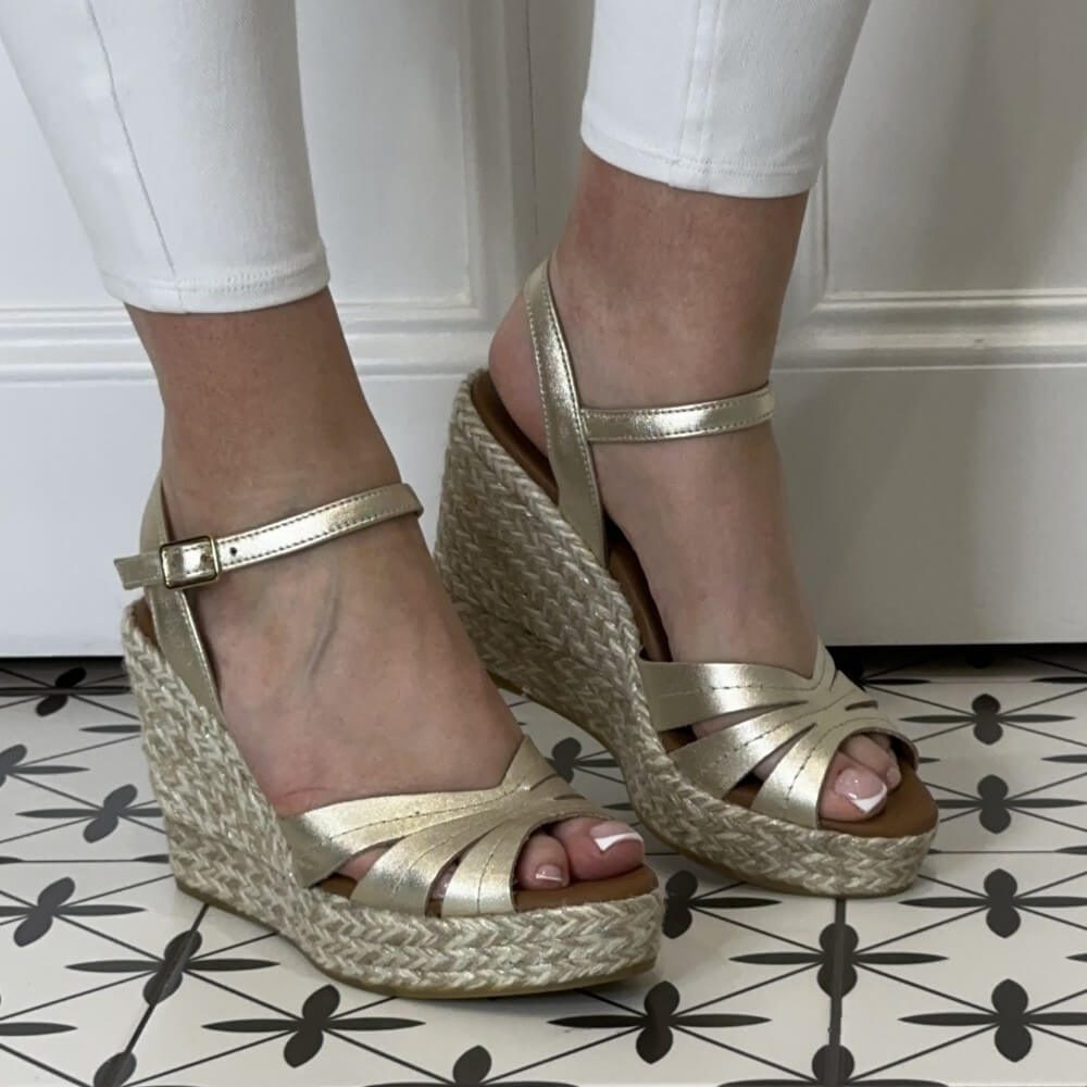 VIGUERA Wedge Leather Espadrilles 2046-GOLD