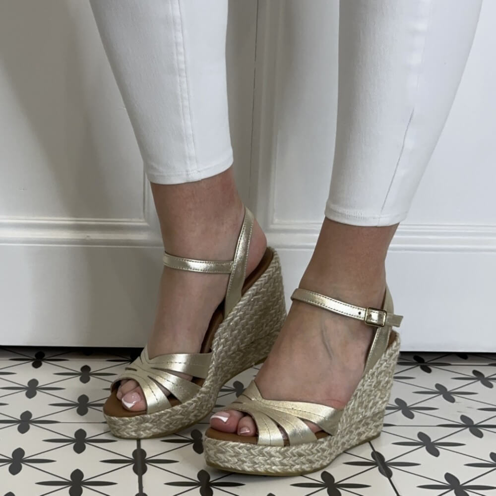 VIGUERA Wedge Leather Espadrilles 2046-GOLD