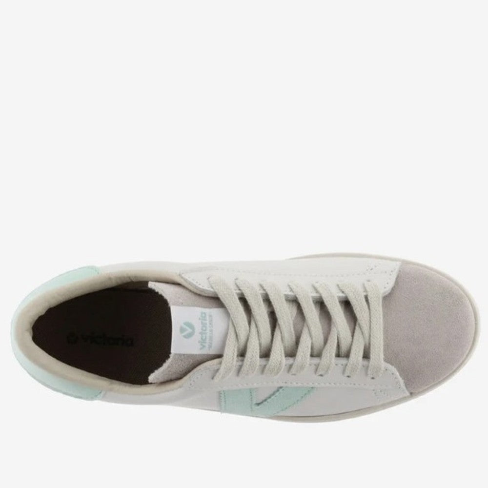 Victoria Light grey and mint green sneaker on a white background