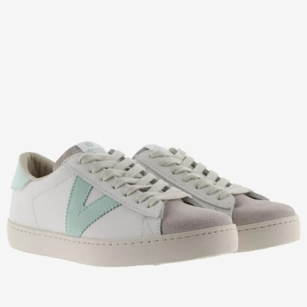Victoria Light grey and mint green sneaker on a white background