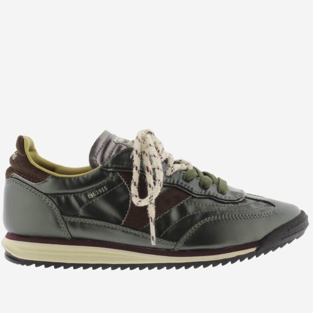 A Victoria low-top sneaker in dark olive green and brown with cream-colored laces and a cream midsole, shown from a side profile on a light grey background.