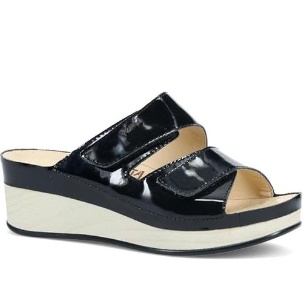 Vital Black patent leather sandal with a white sole on a white background