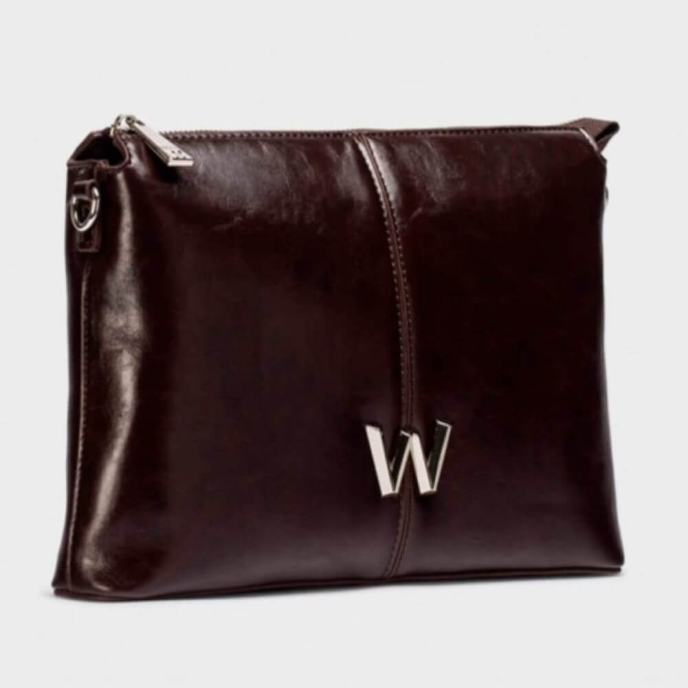 Brown leather clutch bag with a Gold 'W' logo on a light gray background WONDERS SACHI crossbody bag WB-54022 Brown