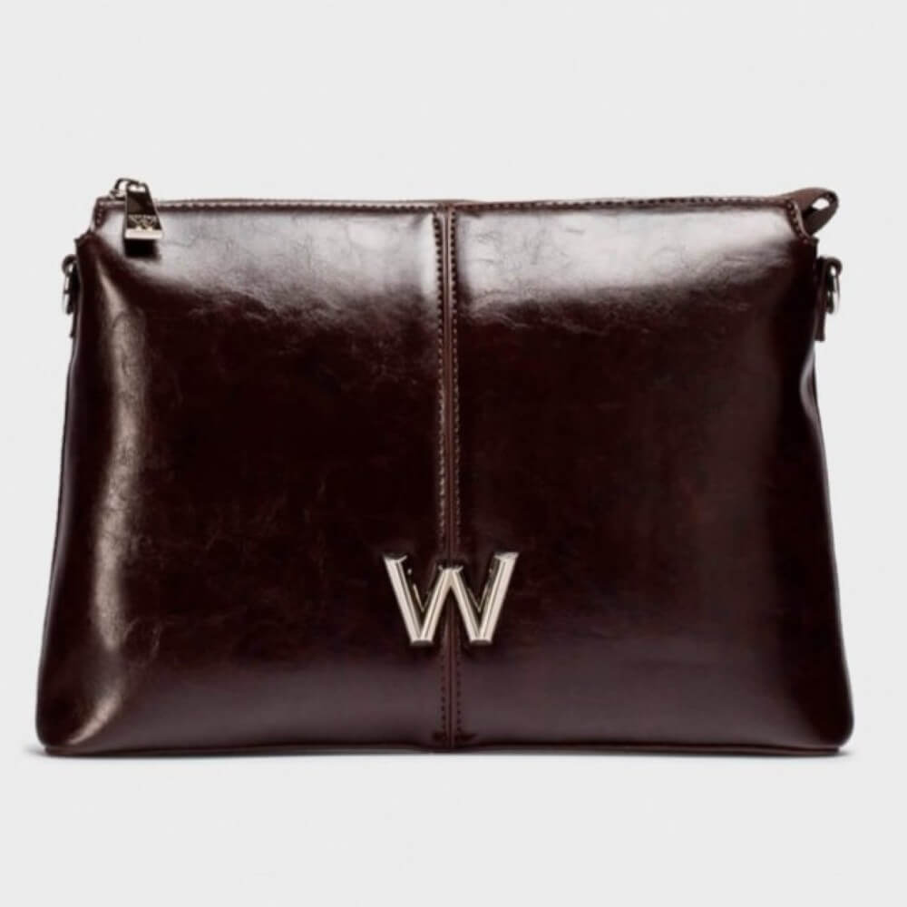Brown leather clutch bag with a Gold 'W' logo on a light gray background WONDERS SACHI crossbody bag WB-54022 Brown