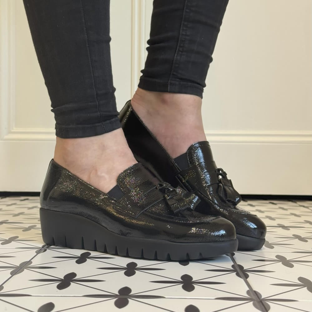 Black loafers worn with black pants Black loafers with tassels Wonders Fly 42 Leather Wedge C-33342-BLACK