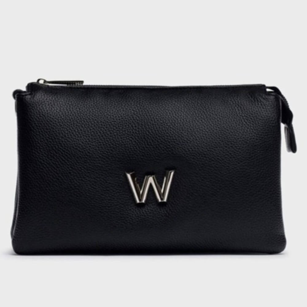 Black shoulder bag with a W logo on a light gray background