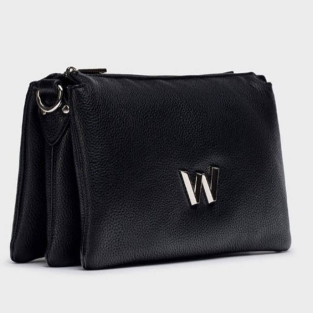 Black shoulder bag with a W logo on a light gray background