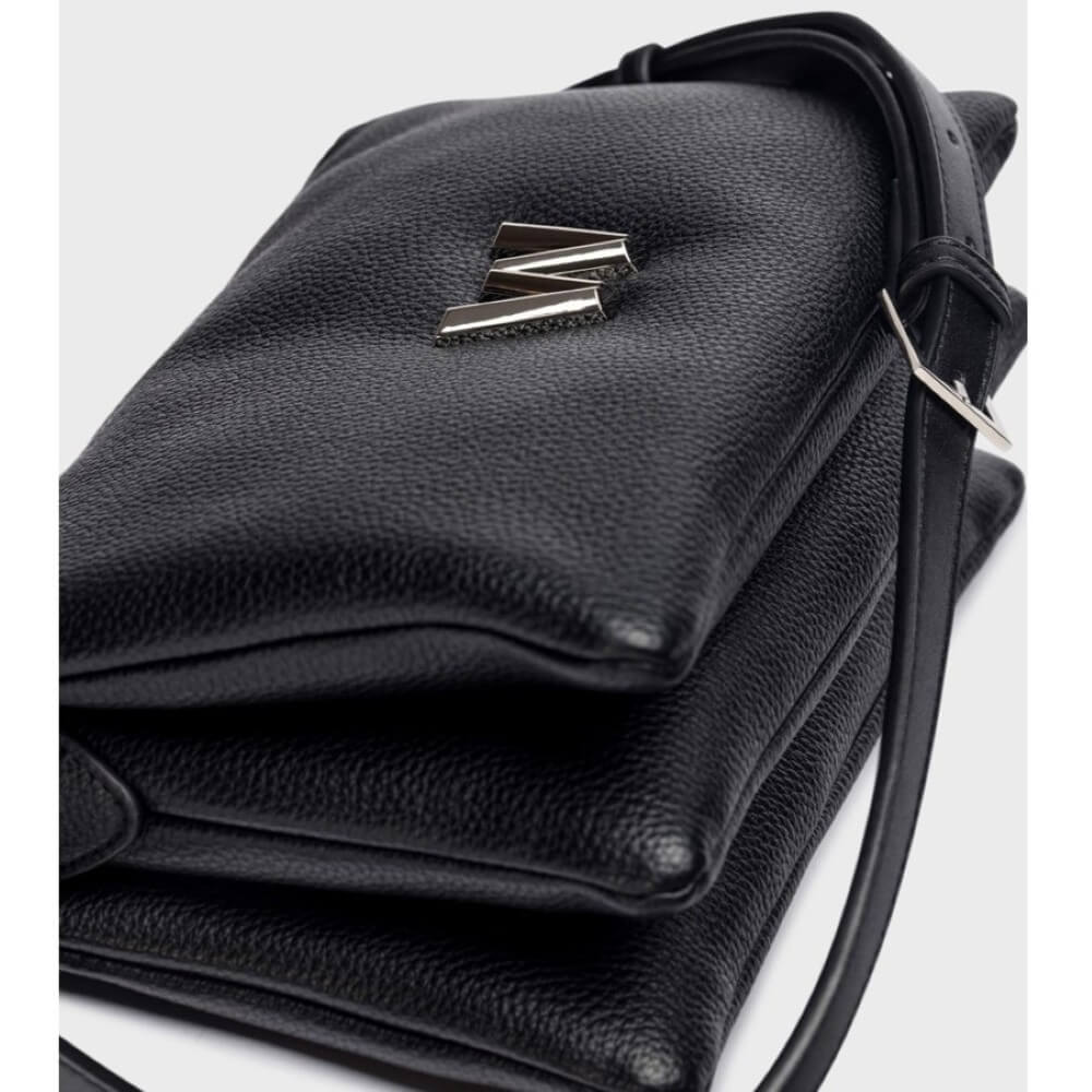 Black shoulder bag with a W logo on a light gray background