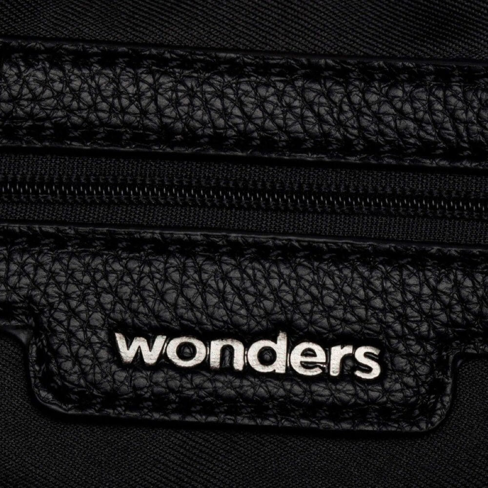 Close-up of a black textured surface with 'wonders' branding.