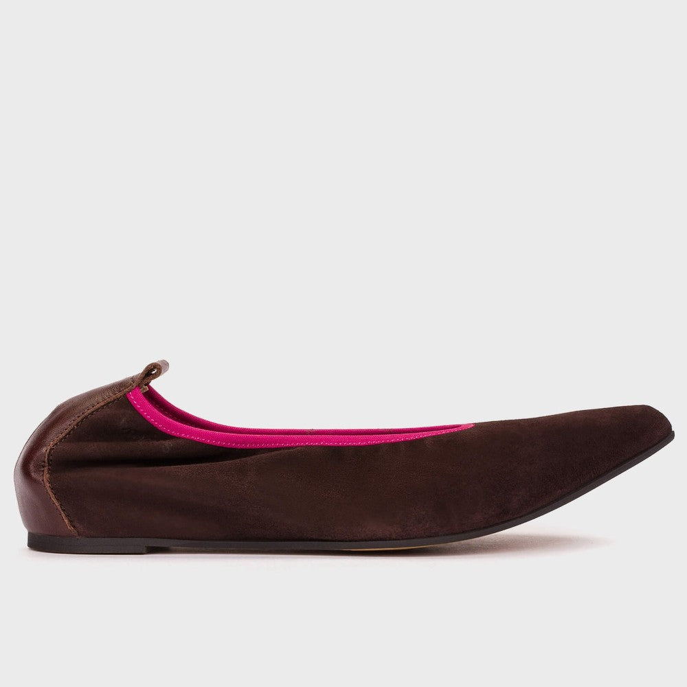 Brown Suede Ballerina with pink trim