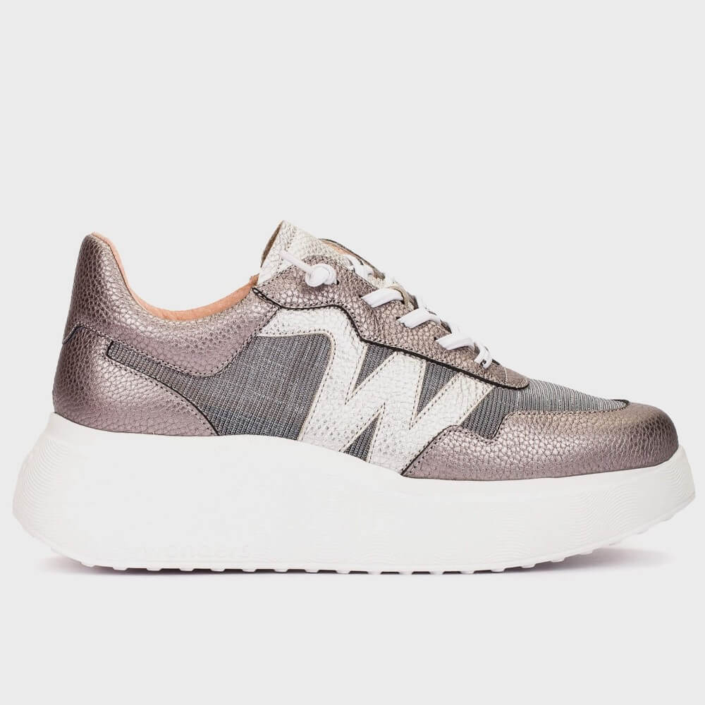 Grey metallic sneaker with white sole on a light grey background