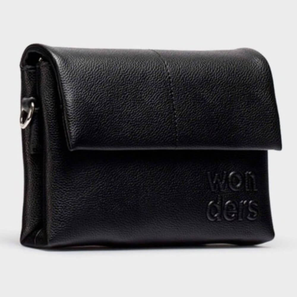 Black shoulder bag with 'wonders' branding on a white background