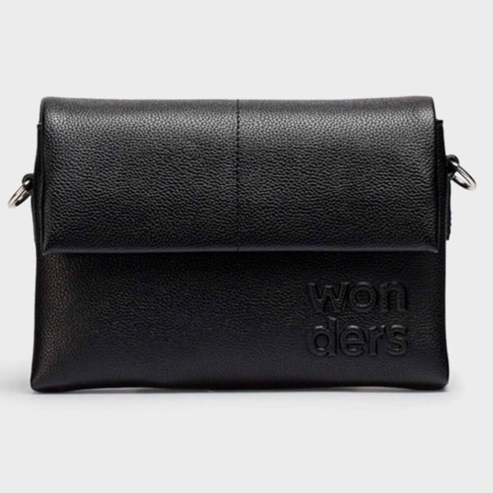 Black shoulder bag with 'wonders' branding on a white background