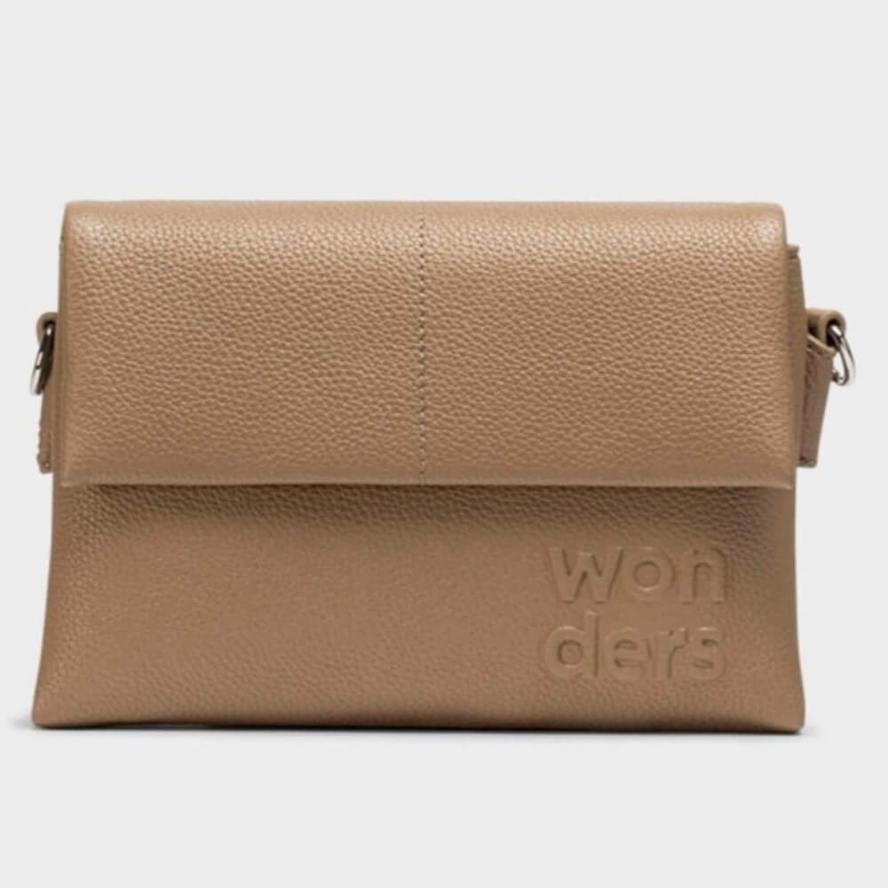 Beige crossbody bag with 'wonders' branding on a light grey background