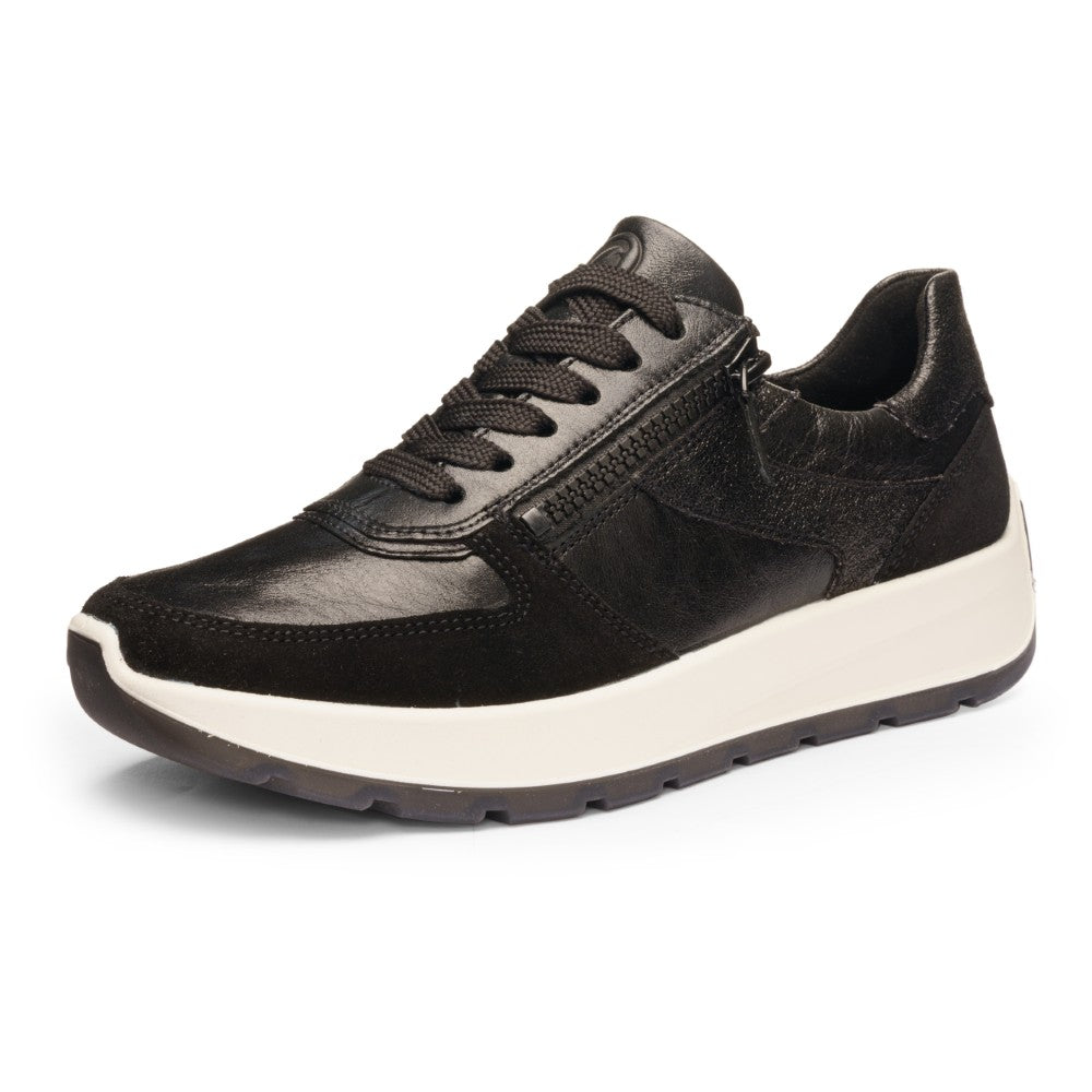 Black laced sneaker with a zip and a white sole on a white background Ara New York Trainers 12-25112-BLACK