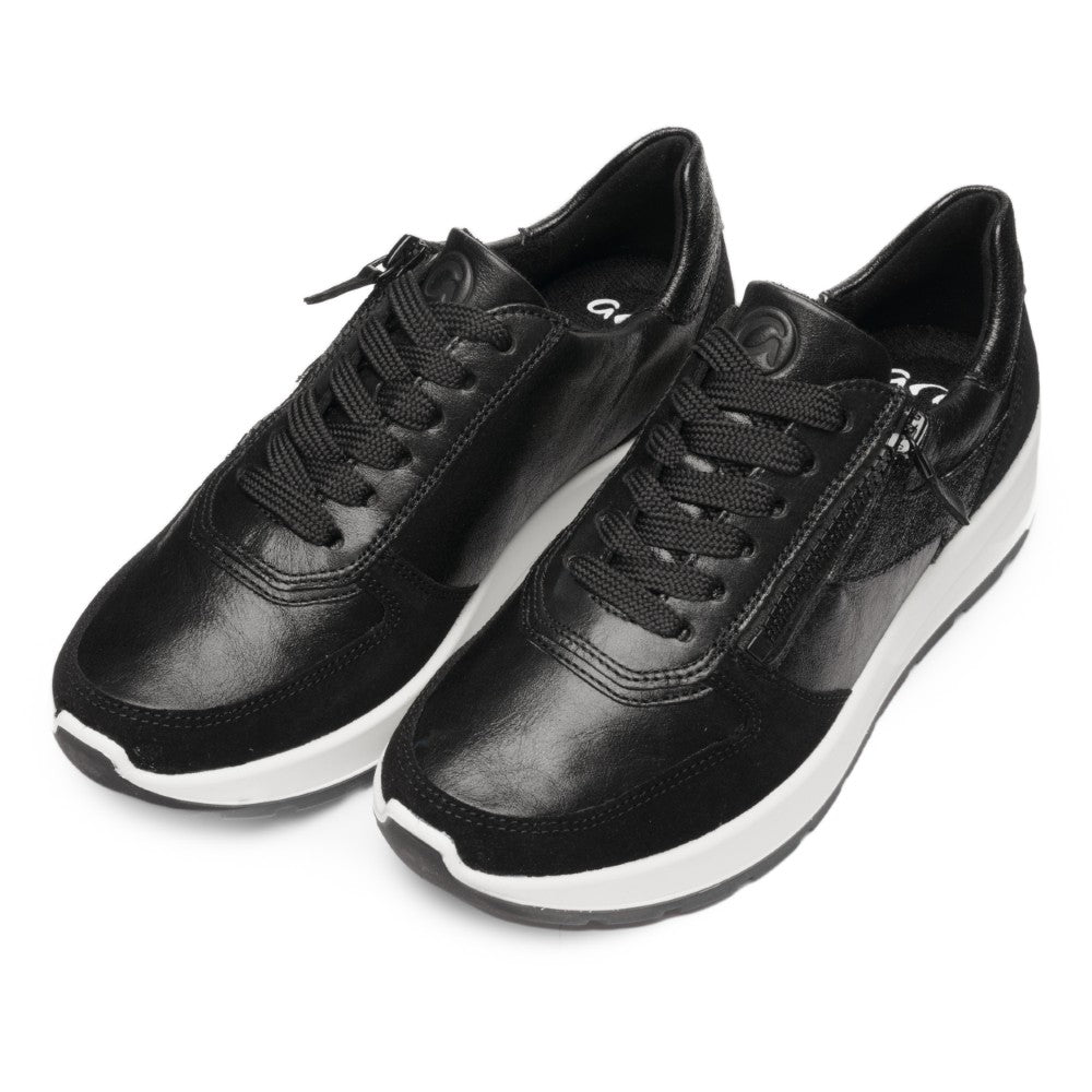 Black laced sneaker with a zip and a white sole on a white background Ara New York Trainers 12-25112-BLACK