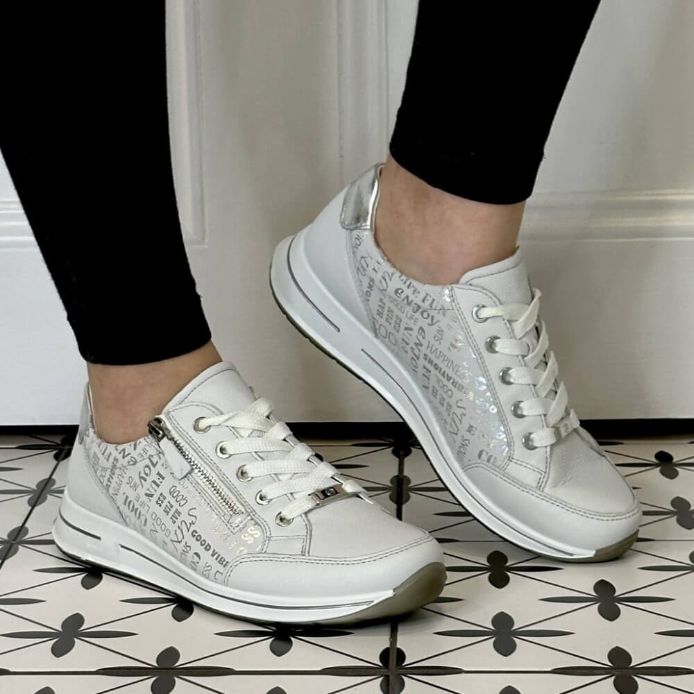Ara Osaka 2.0 H Fit Leather Trainers 12-24801 Nebbia White Silver